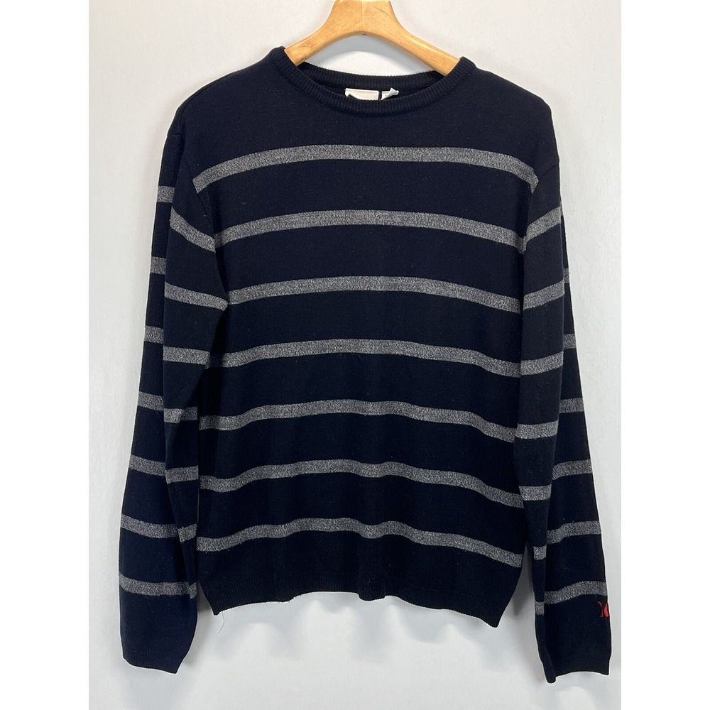 Vtg Hurley Knit Sweater Mens XL Striped Spellout Embroidered 90's Grunge Skater